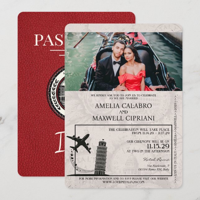 Einladung von Red Italy Passport Hochzeit (Vorne/Hinten)