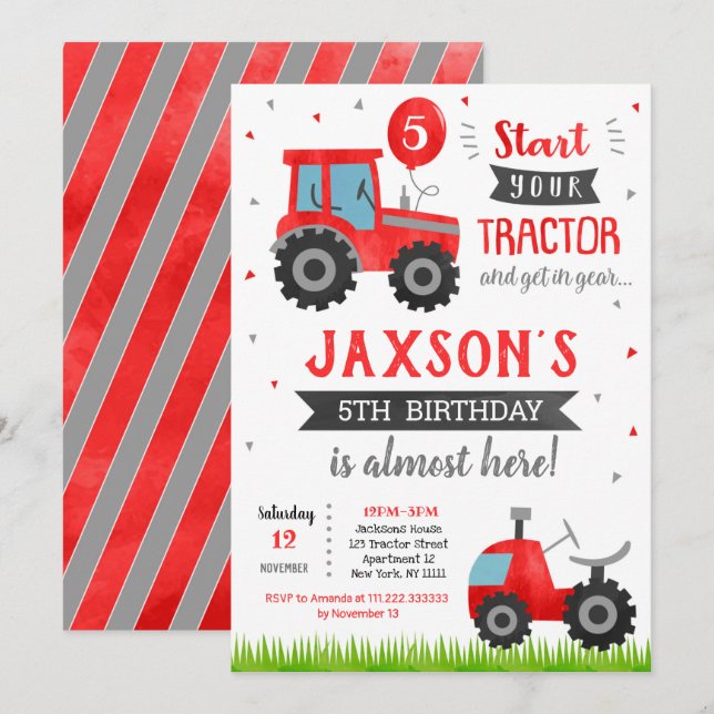 Einladung von Red Tractor Geburtstagsparty (Vorne/Hinten)
