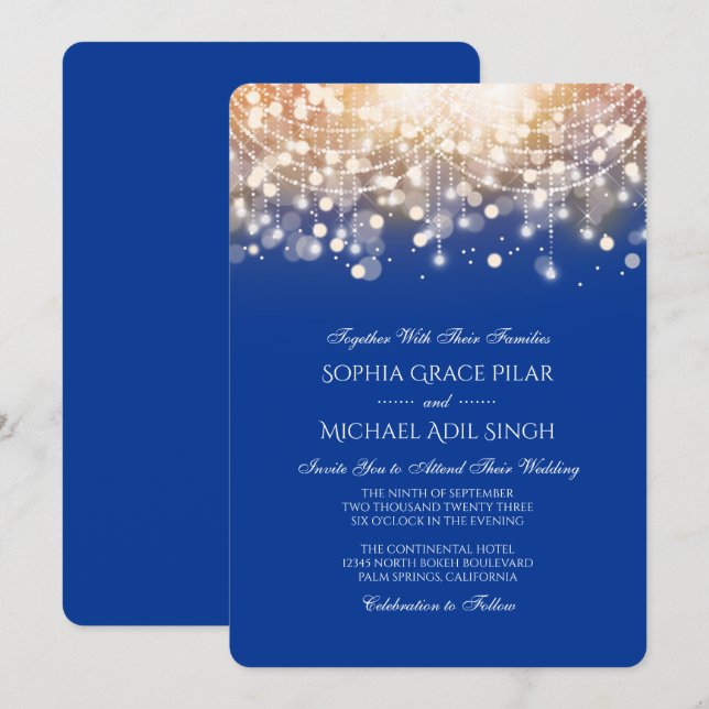 Einladung von Regal Blue und Gold Bokeh Lights (Vorne/Hinten)