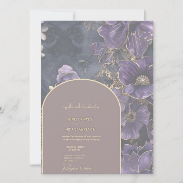 Einladung von Regal Lila und Gold Floral Wedding (Vorderseite)