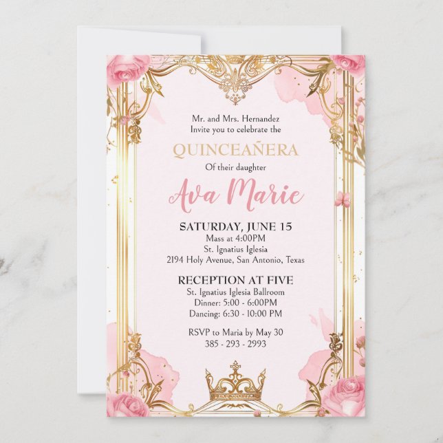 Einladung von Rosa und Gold Quinceñera (Vorderseite)