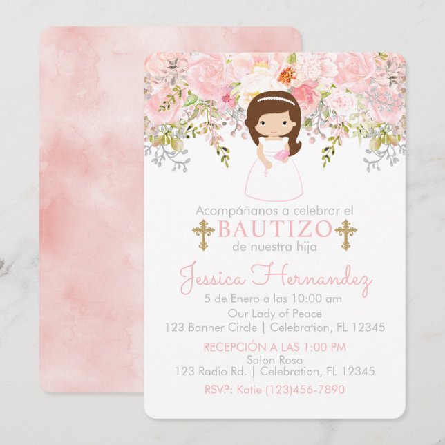 Einladung von Rosas para Bautizo de niña Einladung (Vorne/Hinten)