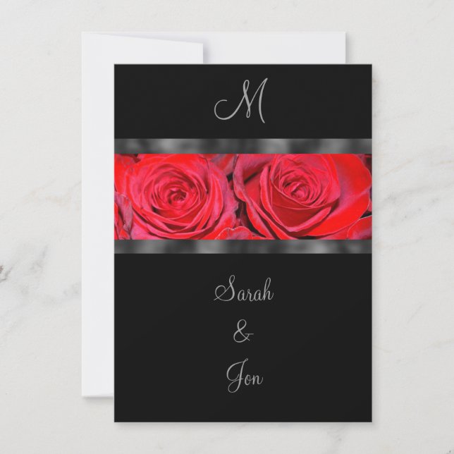 Einladung von rote Rosen und Black Monogram Hochze (Vorderseite)