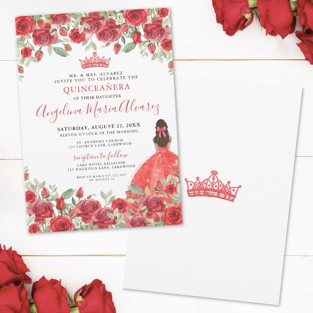 Einladung von Roter Flora (Elegant Red Floral Quinceanera Invitation)