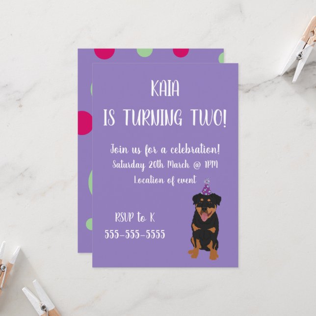 Einladung von Rottweiler zum Geburtstag (Vorderseite/Rückseite Beispiel)