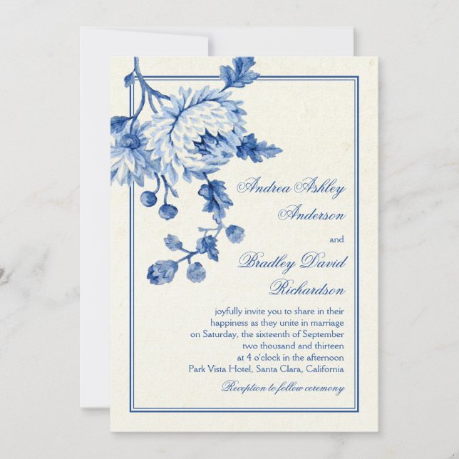 Einladung von Royal Blue Ivory Toile Floral Weddin (Vorderseite)