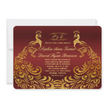 Einladung von Royal Burgundy Gold Peacock Wedding