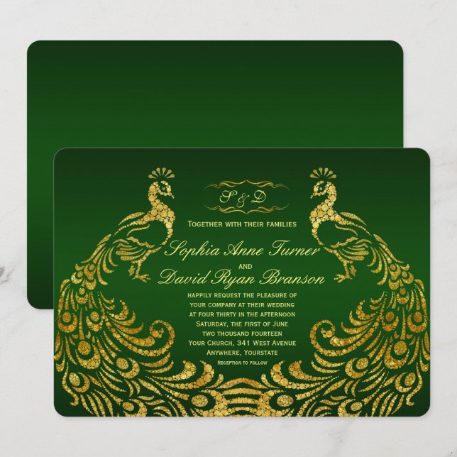 Einladung von Royal Green Gold Peacock Wedding (Vorne/Hinten)