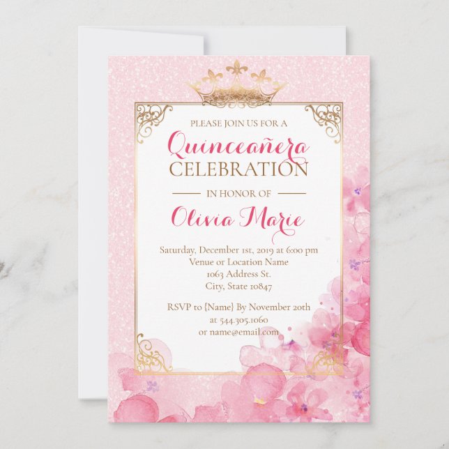 Einladung von Royal Pink and Gold Quinceanera (Vorderseite)