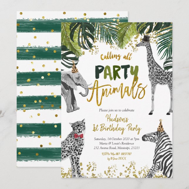 Einladung von Safari Party Animal Kid zum Geburtst (Vorne/Hinten)