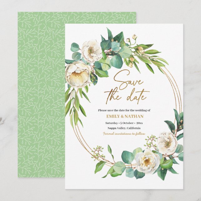 Einladung von Save the Date goldfarbenen und weiße (Vorne/Hinten)