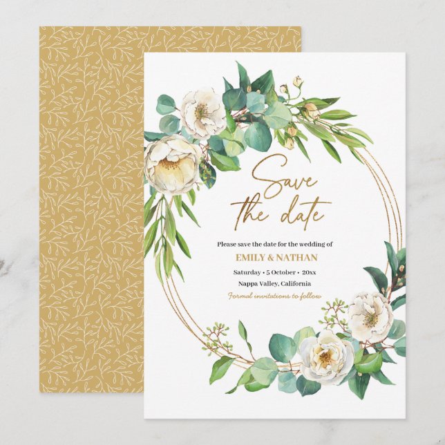 Einladung von Save the Date goldfarbenen und weiße (Vorne/Hinten)