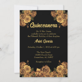 Einladung von Schwarz und Gold-Flora-Quinceanera