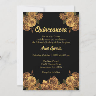 Einladung von Schwarz und Gold-Flora-Quinceanera