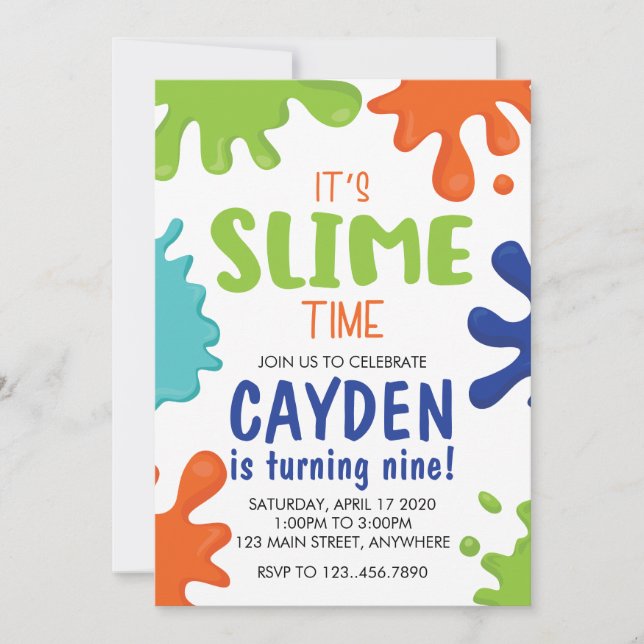 Einladung von Slime Birthday Green, Blue und Orang (Vorderseite)