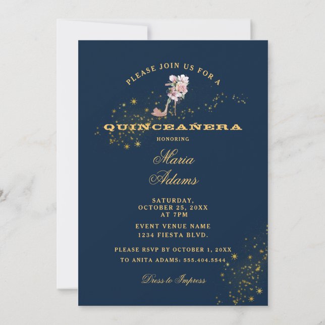 Einladung von Starry Midnight Blue Quinceañera (Rückseite)
