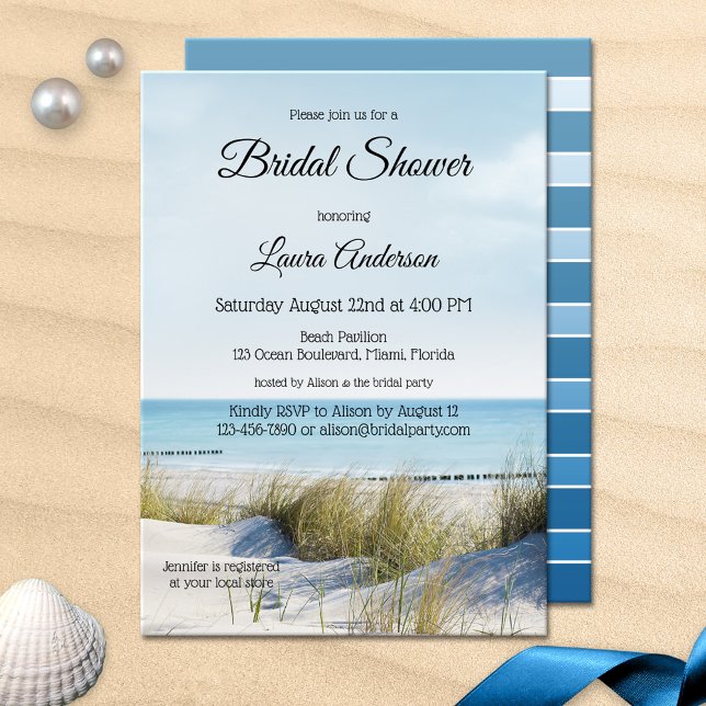 Einladung von Strand und Dunes Bridal Dusche (A modern bridal shower invitation featuring an image of dunes overlooking a beach)