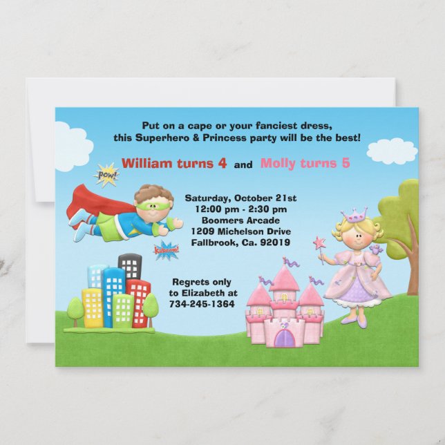 Einladung von Superheldin und Prinzessin Birthday  (Vorderseite)