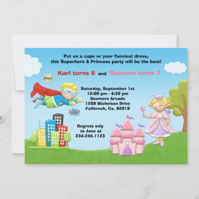 Einladung von Superheldin und Prinzessin Birthday  (Vorderseite)