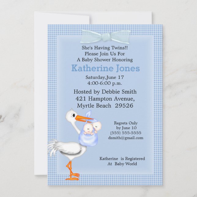 Einladung von Twin Baby Boy Shower (Stork) (Vorderseite)