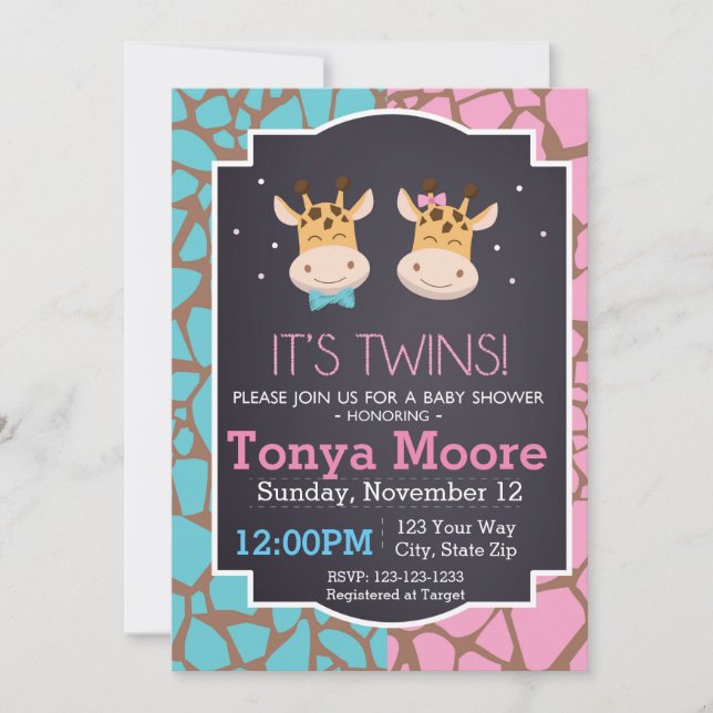 Einladung von Twin Boy and Girl Giraffe Baby Showe (Vorderseite)