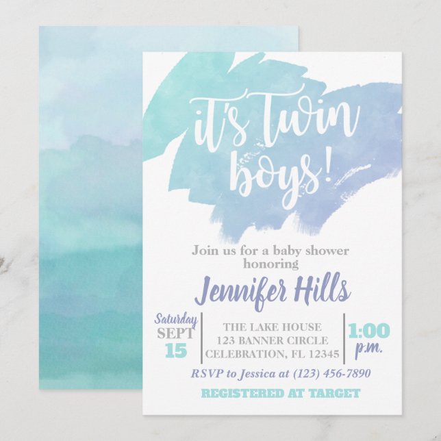 Einladung von Twin Boys Baby Shower (Vorne/Hinten)