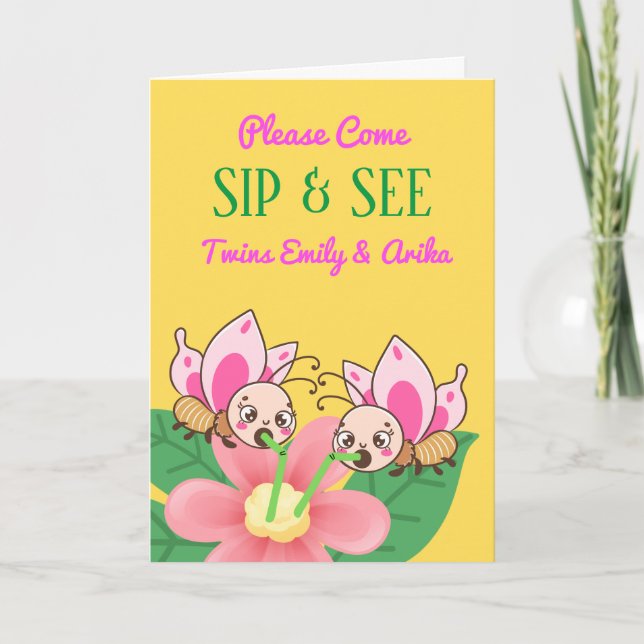 Einladung von Twin Girls Sip and See Baby Shower (Vorderseite)