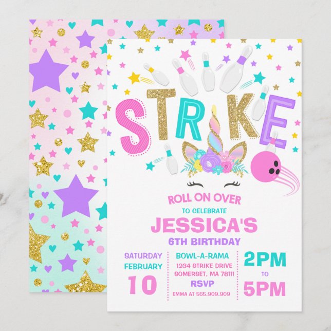 Einladung von Unicorn Bowling Bowling Birthday Par (Vorne/Hinten)