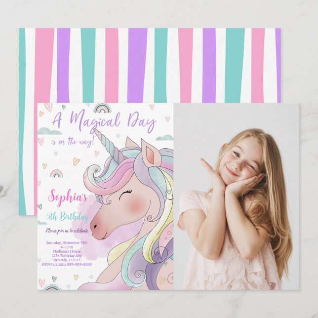 Einladung von Unicorn Foto (Vorne/Hinten)