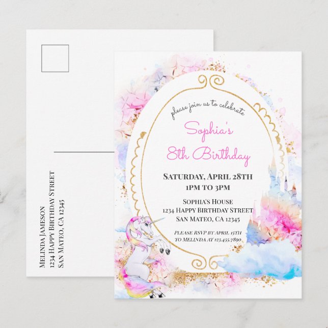Einladung von Unicorn Pastel Princess zum Geburtst (Vorne/Hinten)