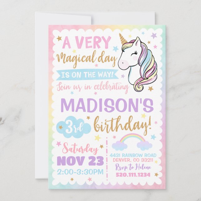 Einladung von Unicorn Rainbow Stars Niedliche Gebu (Vorderseite)