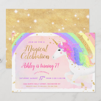 Einladung von Unicorn zum Geburtstag | Rosa Golden