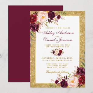 Einladung von Wedding Burgundy Floral Gold Glitzer