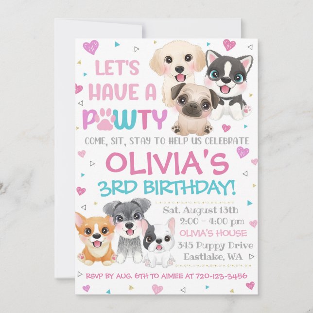 Einladung von Welpen zum Geburtstag | Welpe Pawty  (Vorderseite)