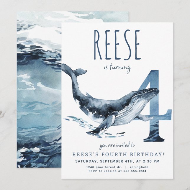 Einladung von Whale zum vierten Geburtstag (Vorne/Hinten)