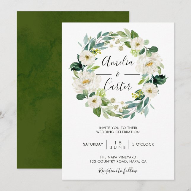 Einladung von White Floral Wreath (Vorne/Hinten)