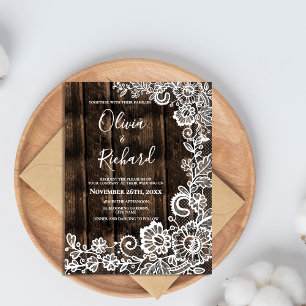 Einladung von White Lace Floral Rustic Wood Weddin Postkarte