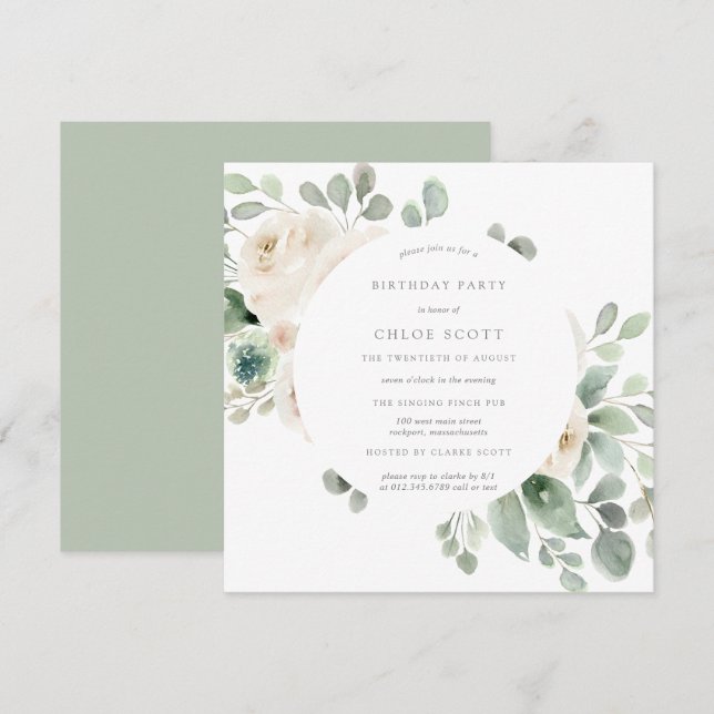 Einladung von White Rose Botanical Birthday (Vorne/Hinten)