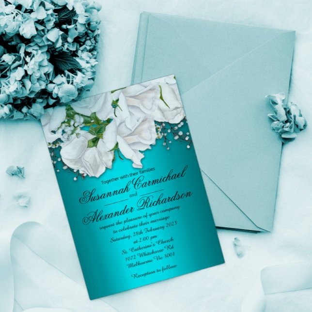 Einladung von White Roses und Aqua Wedding Postkarte (Von Creator hochgeladen)