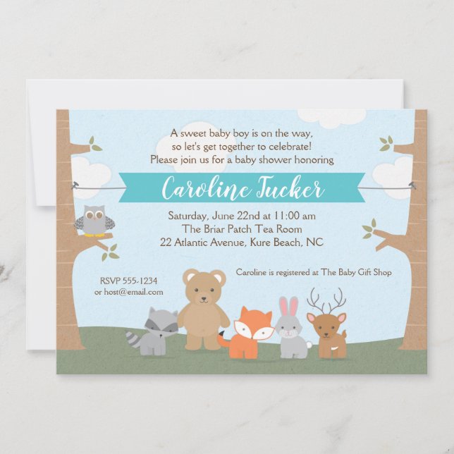 Einladung von Woodland Animals Baby Boy Shower (Vorderseite)