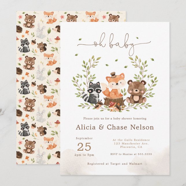 Einladung von Woodland Animals Baby Boy Shower (Vorne/Hinten)
