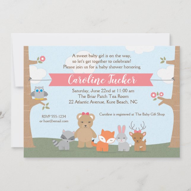 Einladung von Woodland Animals Baby Girl Dusche (Vorderseite)