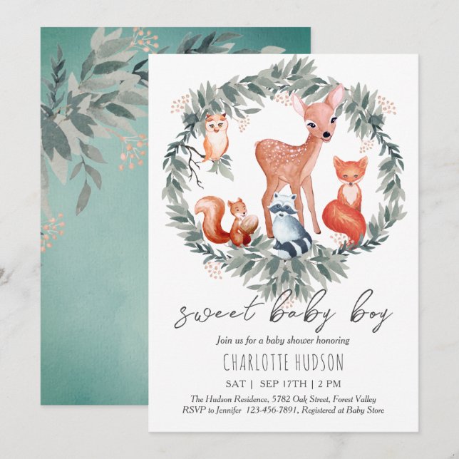 Einladung von Woodland Animals Baby Shower Boy (Vorne/Hinten)