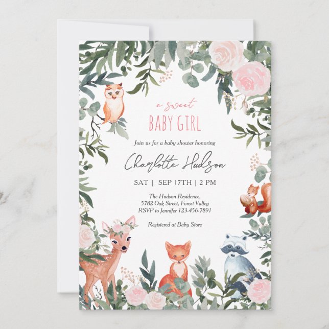 Einladung von Woodland Animals Baby Shower Girl (Vorderseite)