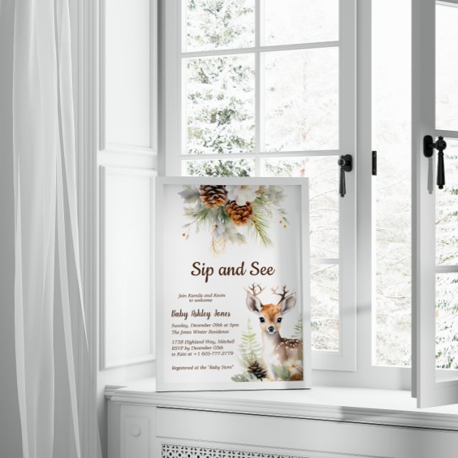Einladung von Woodland Deer Sip und Babydusche (Woodland Deer Sip and See Baby Shower Invitation)