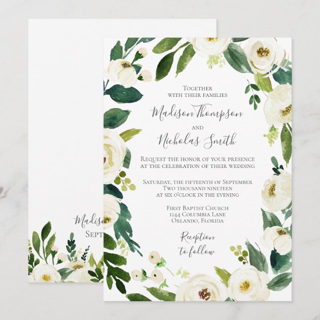 Einladung von Wreath Wedding Greenery White Blume (Vorne/Hinten)
