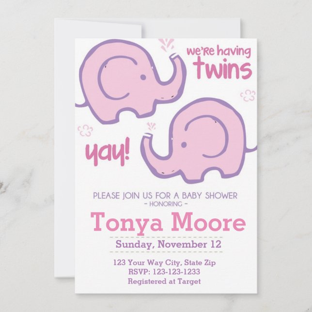 Einladung von zwei Elefanten-Babyduschen (Mädchen) (Vorderseite)