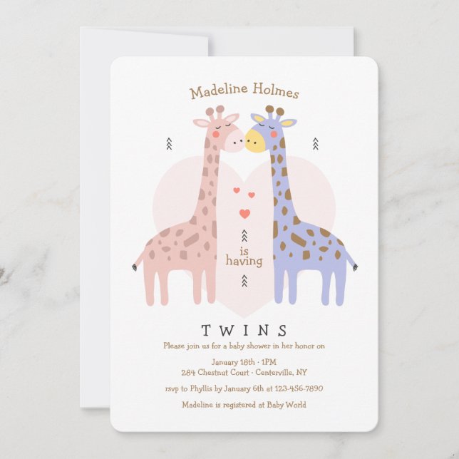 Einladung von Zwin Giraffes Baby Dusche (Vorderseite)