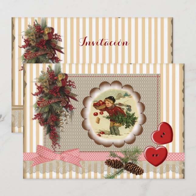 Einladung Weihnachten Stil scrapbooking vintag (Vorne/Hinten)