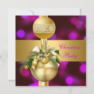 Einladung Weihnachtsfeier Goldene Kugeln Lila Rosa